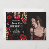 Leopard Cheetah Coquette Cherry Birthday Photo Einladung (Vorderseite)