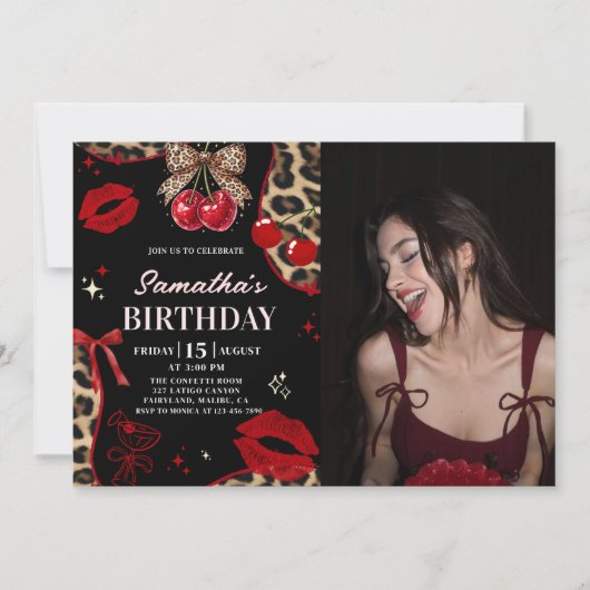 Leopard Cheetah Coquette Cherry Birthday Photo Einladung (Vorderseite)