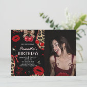 Leopard Cheetah Coquette Cherry Birthday Photo Einladung (Stehend Vorderseite)