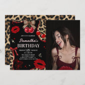 Leopard Cheetah Coquette Cherry Birthday Photo Einladung (Vorne/Hinten)