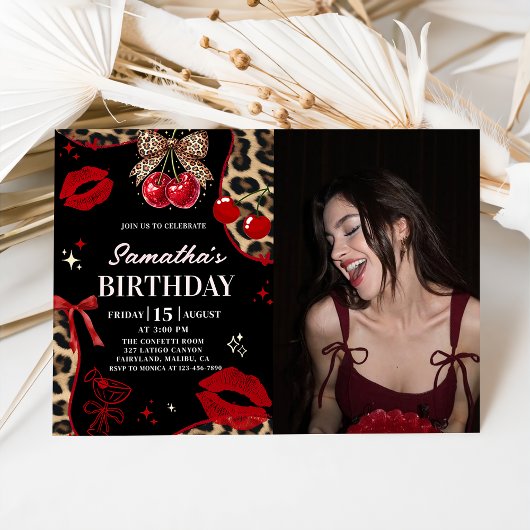 Leopard Cheetah Coquette Cherry Birthday Photo Einladung