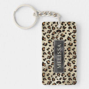 Leopard Cheetah Druck mit schwarzer Faux-Folie-Tex Schlüsselanhänger