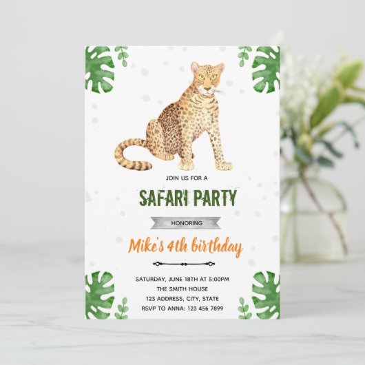Leopard Cheetah Geburtstagseinladung Einladung (Stehend Vorderseite)
