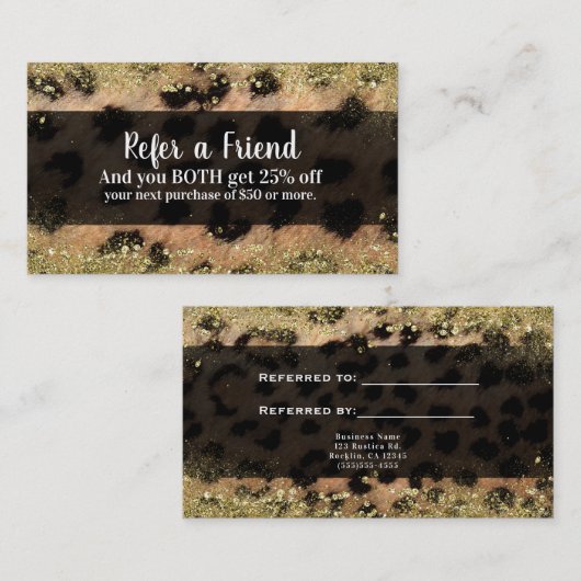 Leopard Cheetah Gold Glitzer Empfehlungskarte (Vorne/Hinten)