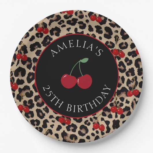 Leopard Cheetah Kirschroter Geburtstagparty-Papier Pappteller (Vorderseite)