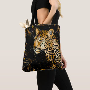 Leopard Cheetah Print Black Gold Dschungel Blätter Tasche