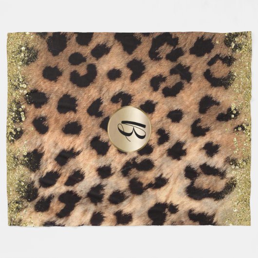Leopard Cheetah Print Gold Glitzer Glam Monogram Fleecedecke (Vorderseite (Horizontal))