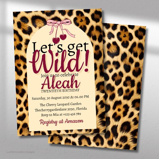 Leopard Cherry Pink Schleife Geburtstag Cute & Gla Einladung