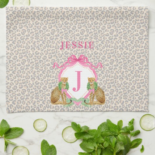 Leopard Christmas Crest Monogram With Name Geschirrtuch (Gefaltet)