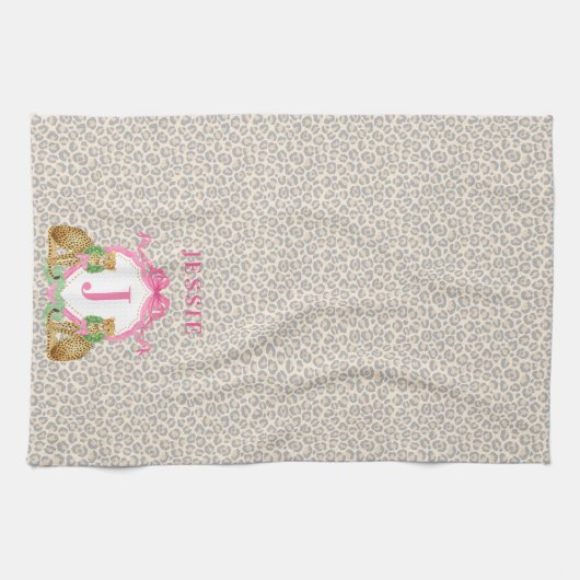 Leopard Christmas Crest Monogram With Name Geschirrtuch (Horizontal)