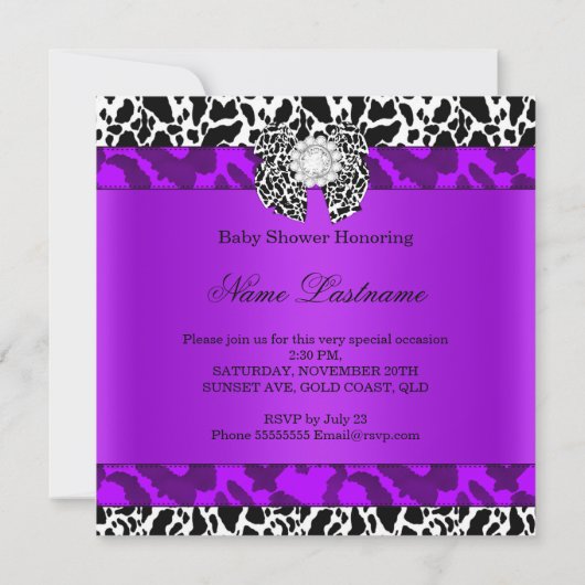 Leopard Cow Lila Girl Baby Dusche Brünett Baby Einladung (Rückseite)
