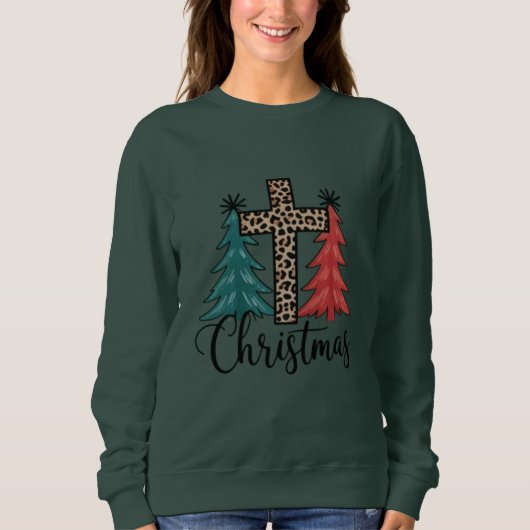 Leopard Cross Weihnachtsbäume Christlich Sweatshirt (Vorderseite)