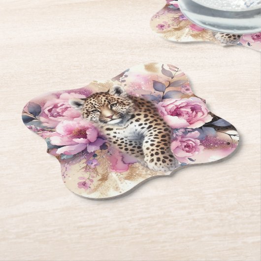 Leopard Cub & Rose Papier Untersetzer (angewinkelt)