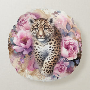 Leopard Cub & Rose Rundwurfkissen Rundes Kissen