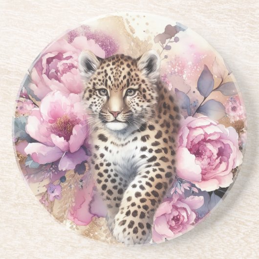 Leopard Cub & Roses Steinzeug-Untersetzer Getränkeuntersetzer (Vorne)