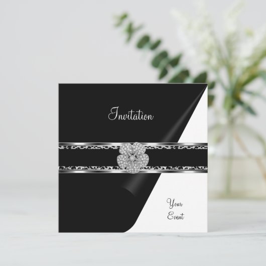 Leopard Diamond Jewel Black Bow Silver Einladung (Stehend Vorderseite)