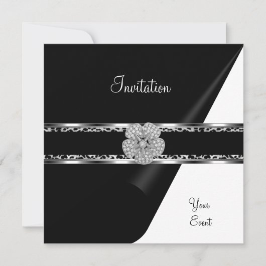 Leopard Diamond Jewel Black Bow Silver Einladung (Vorderseite)