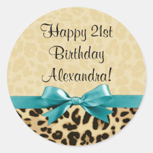 Leopard-Druck-Aqua-der Geburtstag der blauen Runder Aufkleber