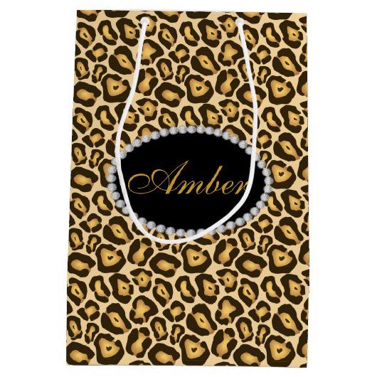 Leopard-Druck-Diamanten u. Namensmonogramm Mittlere Geschenktüte (Rückseite)