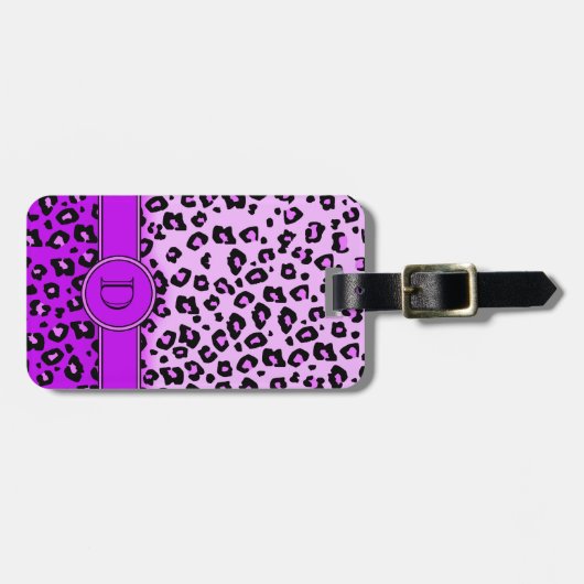 Leopard drucken lila schwarzes Monogramm Gepäckanh Gepäckanhänger (Vorderseite horizontal)