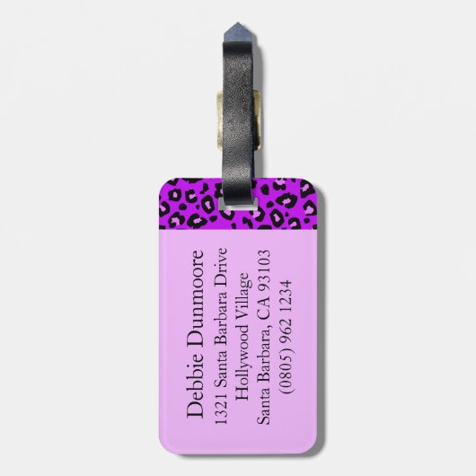 Leopard drucken lila schwarzes Monogramm Gepäckanh Gepäckanhänger (Rückseite vertikal)