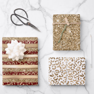 Leopard-Druckstreifen aus Red Gold Glitzer Geschenkpapier Set