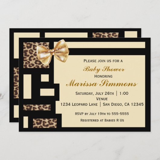 Leopard Farbblock Schwarze Creme Baby Einladung (Vorne/Hinten)