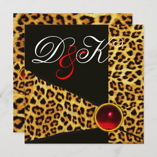 LEOPARD FUR RIBBON, RED RUBY GEMSTONE MONOGRAM EINLADUNG (Vorne/Hinten)