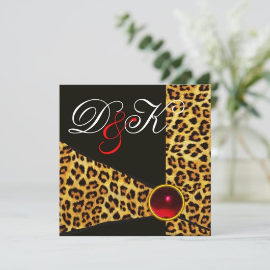 LEOPARD FUR RIBBON, RED RUBY GEMSTONE MONOGRAM EINLADUNG (Stehend Vorderseite)
