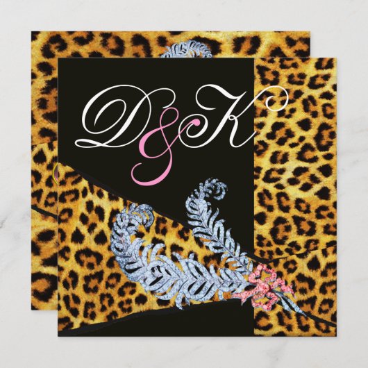 LEOPARD FUR RIBBON UND DIAMOND FEATHERS MONOGRAM EINLADUNG (Vorne/Hinten)