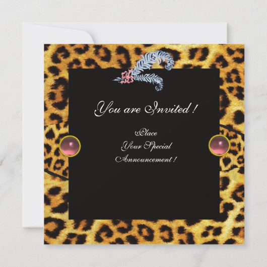 LEOPARD FUR RIBBON UND DIAMOND FEATHERS MONOGRAM EINLADUNG (Rückseite)