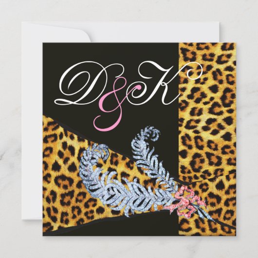 LEOPARD FUR RIBBON UND DIAMOND FEATHERS MONOGRAM EINLADUNG (Vorderseite)