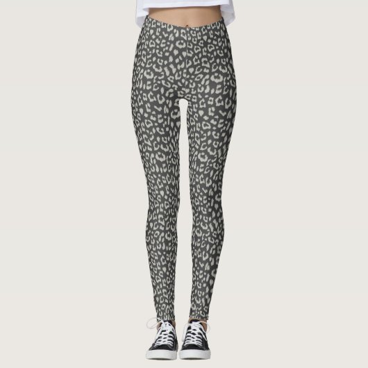 Leopard Gemustert Grau auf Holzkohle Leggings (Vorderseite)