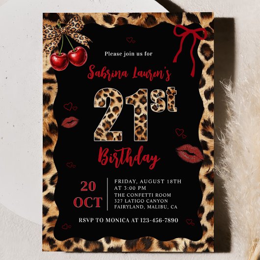Leopard Gepard Kirsche 21. Geburtstagseinladung Einladung