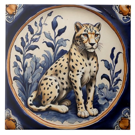 Leopard Gepard Navy Blau Antik Vintage Fliese (Vorderseite)