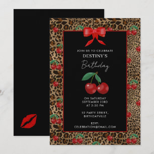 Leopard Gepard Tierdruck Rot Kirsche Geburtstag Einladung