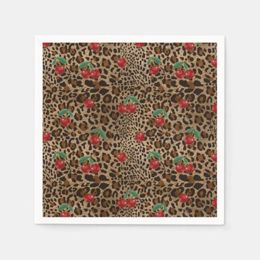 Leopard Gepard Tierdruck Rote Kirschen Serviette (Vorderseite)