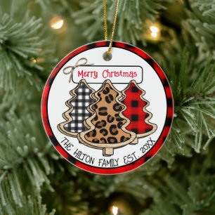 Leopard, Gingham und Buffalo Karierte Weihnachtsba Keramik Ornament