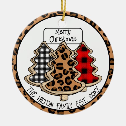 Leopard, Gingham und Buffalo Karierte Weihnachtsba Keramik Ornament (Vorne)