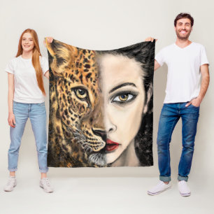 Leopard Girl Face Fantasy Fleece Blanket Malerei