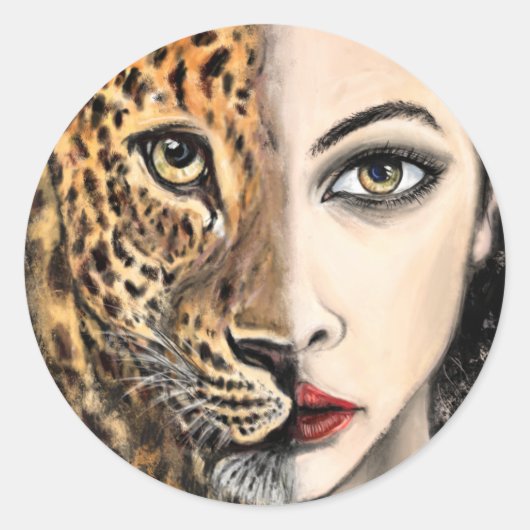 Leopard Girl Face Fantasy Malerei Wilhelm Tier Runder Aufkleber (Vorderseite)