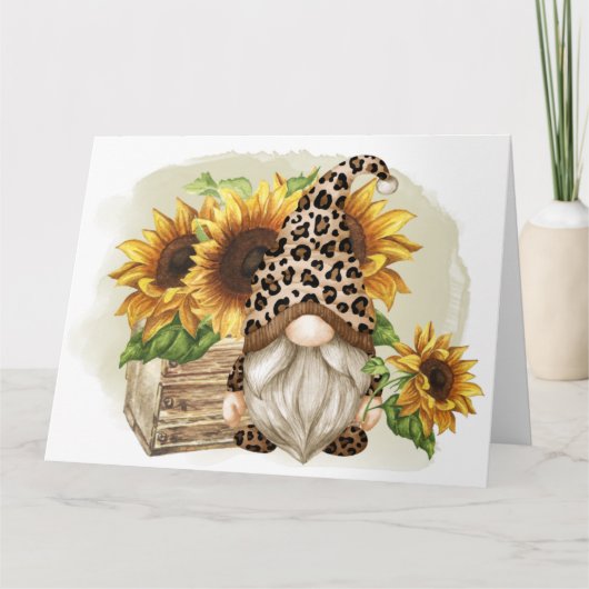 Leopard Gnome Sonnenblumen Karte (Vorderseite)