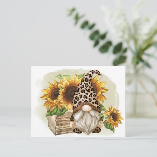 Leopard Gnome Sonnenblumen Postkarte (Stehend Vorderseite)