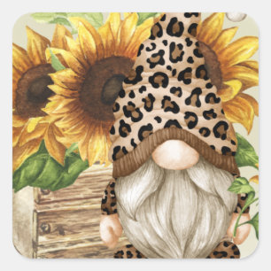 Leopard Gnome Sunflowers Square Sticker
