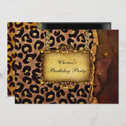 Leopard Gold Black Birthday Party Elegante Einladung (Vorne/Hinten)