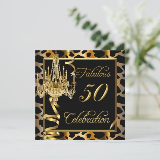 Leopard Gold Fabulous Womans 50 Einladung (Stehend Vorderseite)