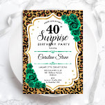 Leopard Gold White Green Überraschung 40. Geburtst Einladung<br><div class="desc">Überraschung 40. Geburtstag Party Einladung. Weibliches smaragdgrünes Design mit Imitaten Glitzer Gold. Features Tier cheetah Leopard Druck,  Rose,  Skript-Schriftart und Konfetti. Ideal für eine elegante Damenfeier. Kann personalisiert sein,  jedes Alter zu zeigen. Gedruckte Zazzle Einladungen oder Sofortdownload digitalen druckbaren Vorlage.</div>
