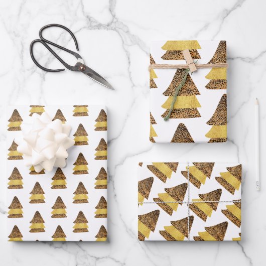 Leopard Golden Christmas Tree Muster Geschenkpapier Set (Vorderseite)