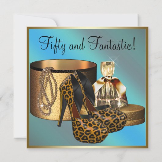 Leopard-Goldfrauen mit High Heel Schuhe 50. Geburt Einladung (Vorderseite)