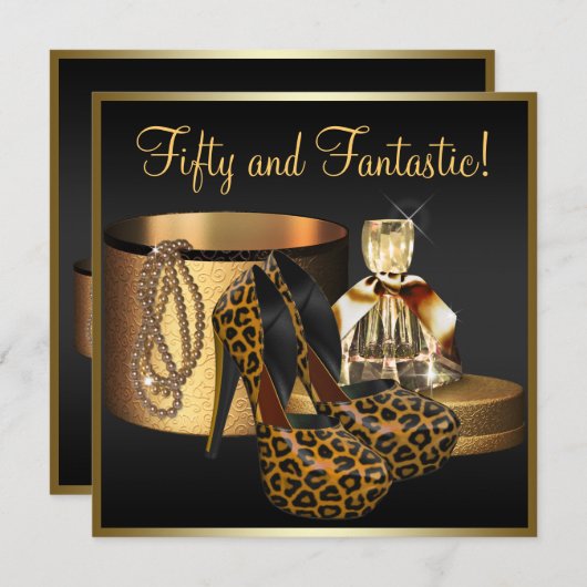 Leopard-Goldfrauen mit High Heel Schuhe 50. Geburt Einladung (Vorne/Hinten)